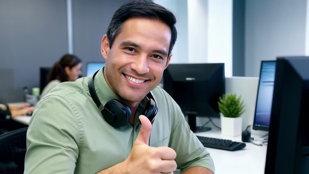 Un uomo latino con capelli corti e scuri, seduto alla sua scrivania in un ufficio moderno, che mostra il pollice in su.