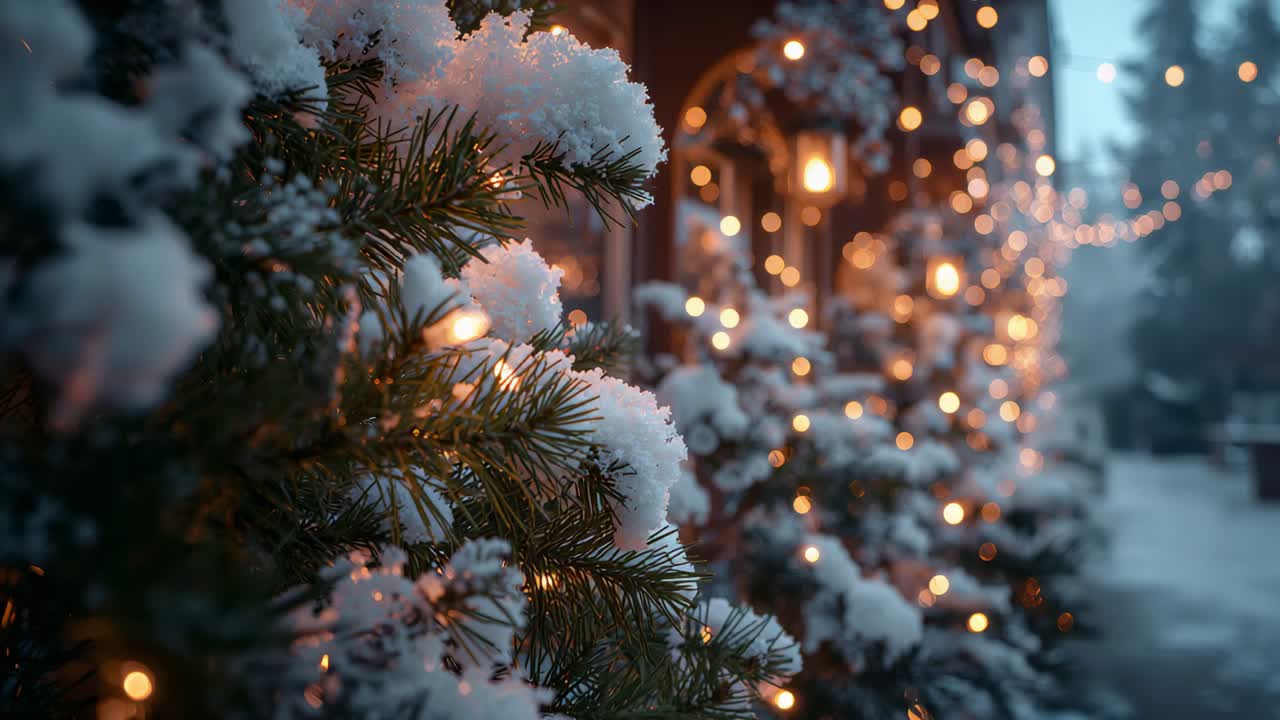 Camera focusing on snowy lit branch filming couple emerging onto snowy path holding hands strolling