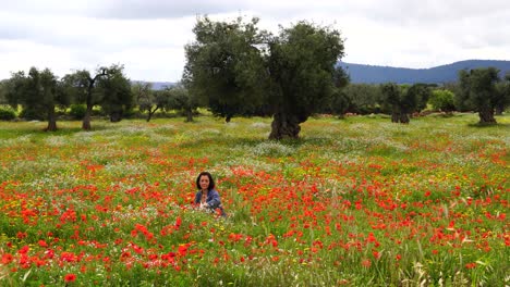 Frau-Blumen-Pflücken-In-Einem-Mohnfeld-Mit-Olivenbäumen-Im-Hintergrund,-Italien