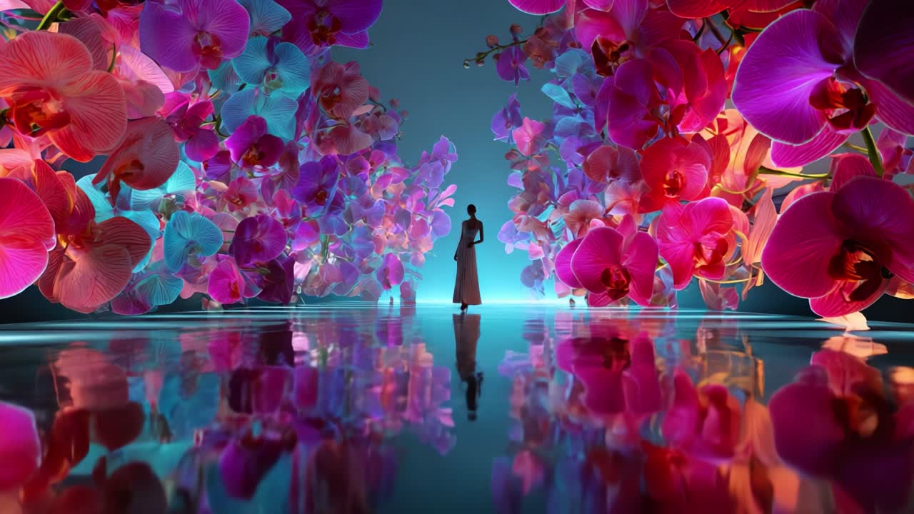 Elegant Woman Surrounded by Orchids