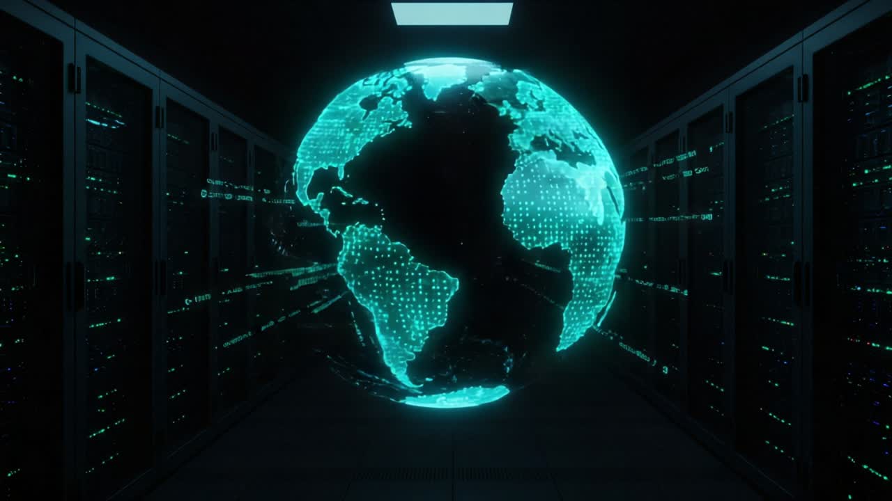 A Glowing Digital Globe Navigating Through Server Racks: An Intriguing Visualization of Data Flow and Global Connectivity in the Modern Technological Era