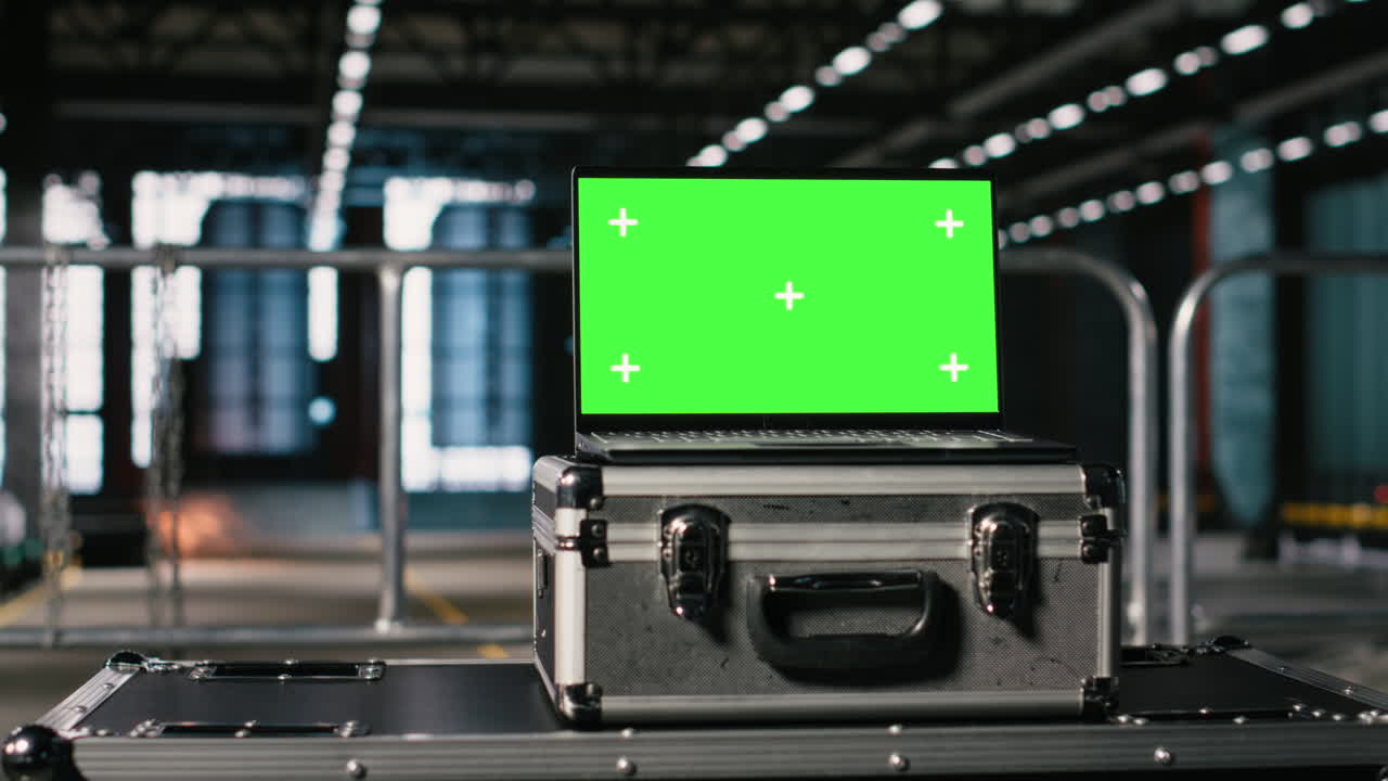 Laptop chroma key di aula mesin kosong yang digunakan untuk pabrik industri berat