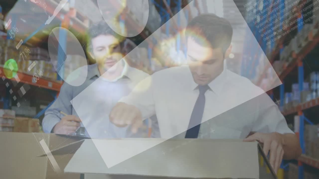Animation of financial data processing over people working in warehouse