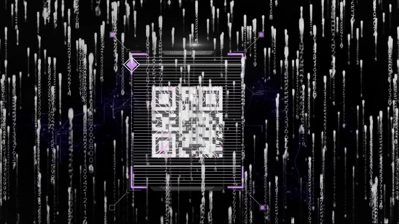 Animation eines QR-Codes und Datenverarbeitung auf dunklem Hintergrund.