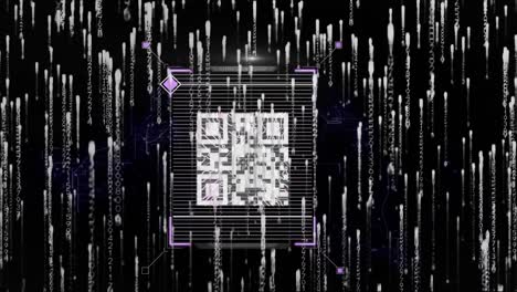 Animation-of-qr-code-and-data-processing-over-dark-background