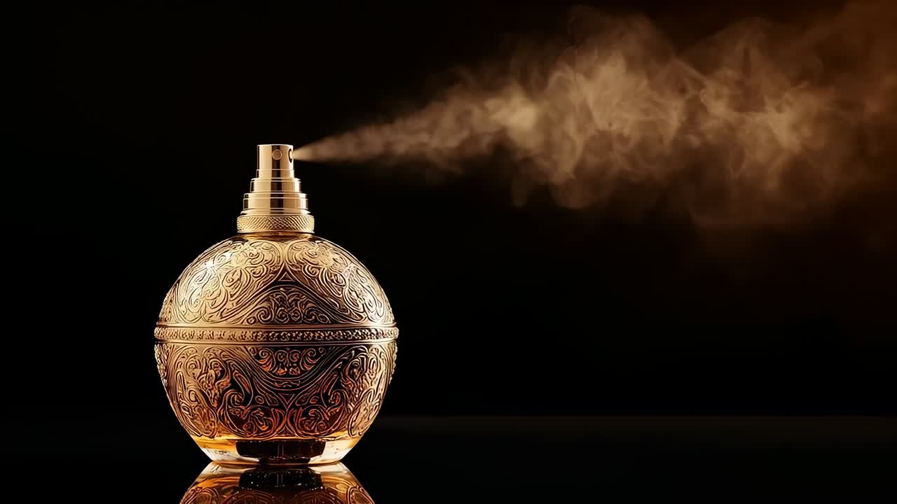 Flacone di profumo sferico decorato che emette una nebbia dorata durante uno shooting in studio, con vaporizzatore, spazio per testi