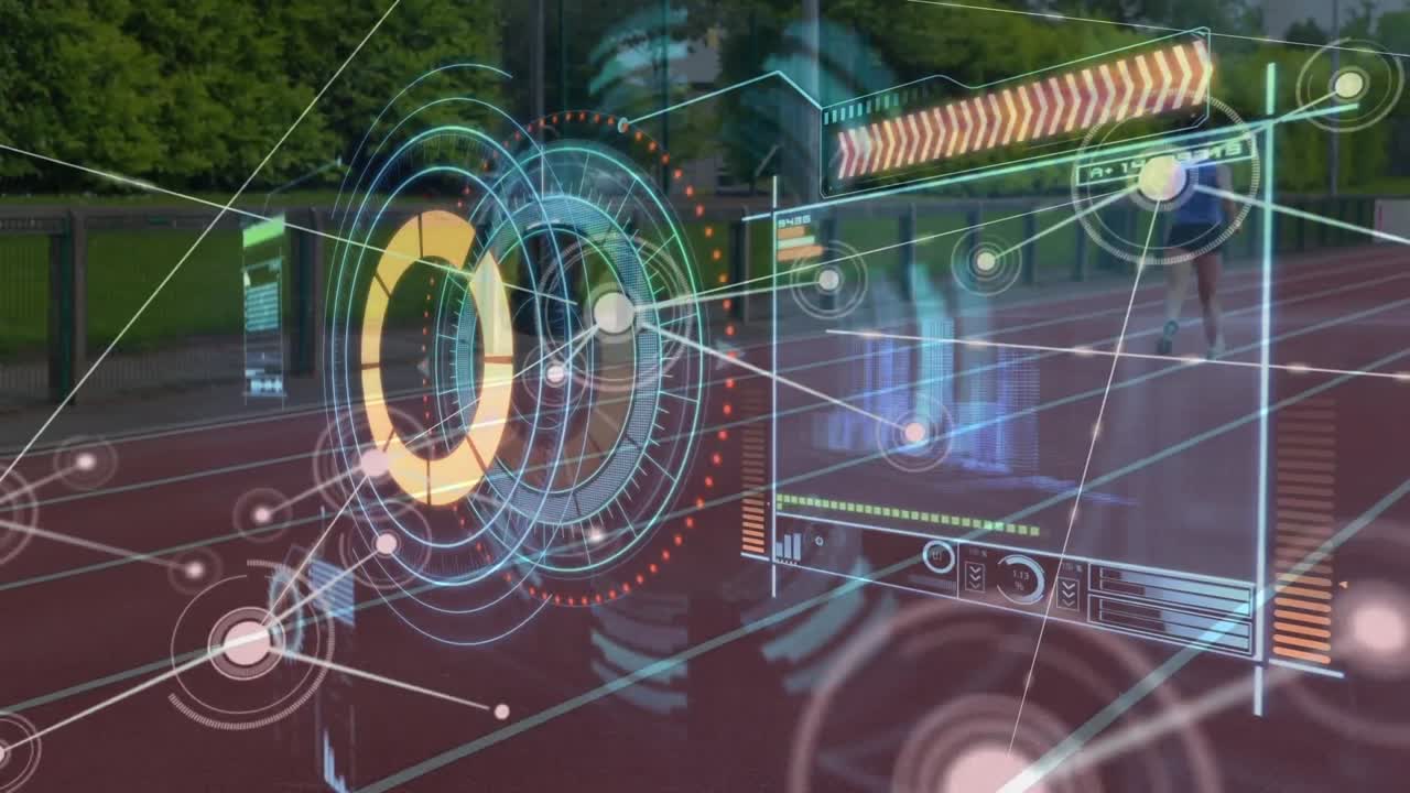 animación de datos en pantalla digital sobre mujeres caucásicas corriendo en el estadio