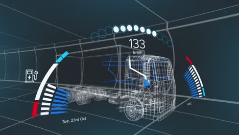 Animation-of-network-of-eco-icons-over-3d-truck-drawing