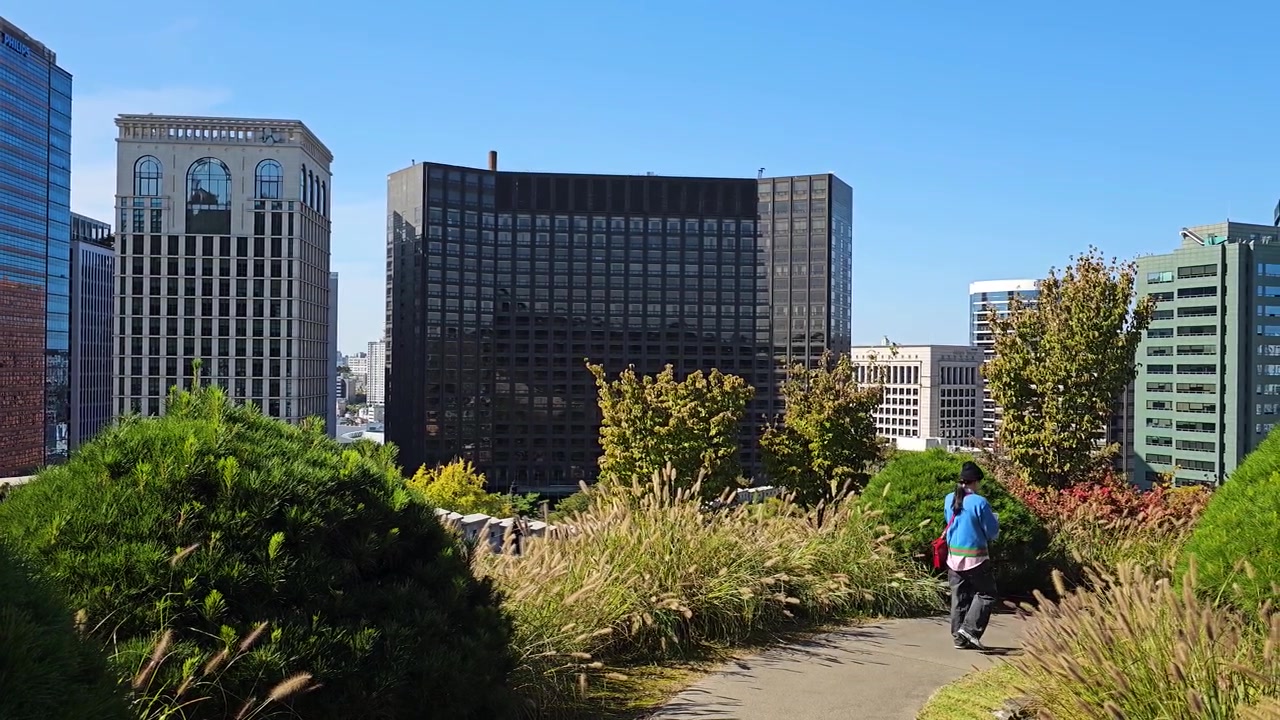Giovane madre coreana con bambino viaggia nel Parco del Monte Namsan nel centro di Seul in una soleggiata giornata autunnale.