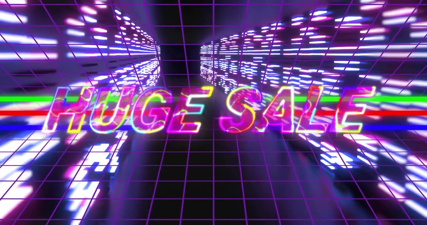 Barre luminose che appaiono, lettere al neon che scorrono formando "GRANDE SALDI", telecamera che scivola in un tunnel promuovendo i saldi
