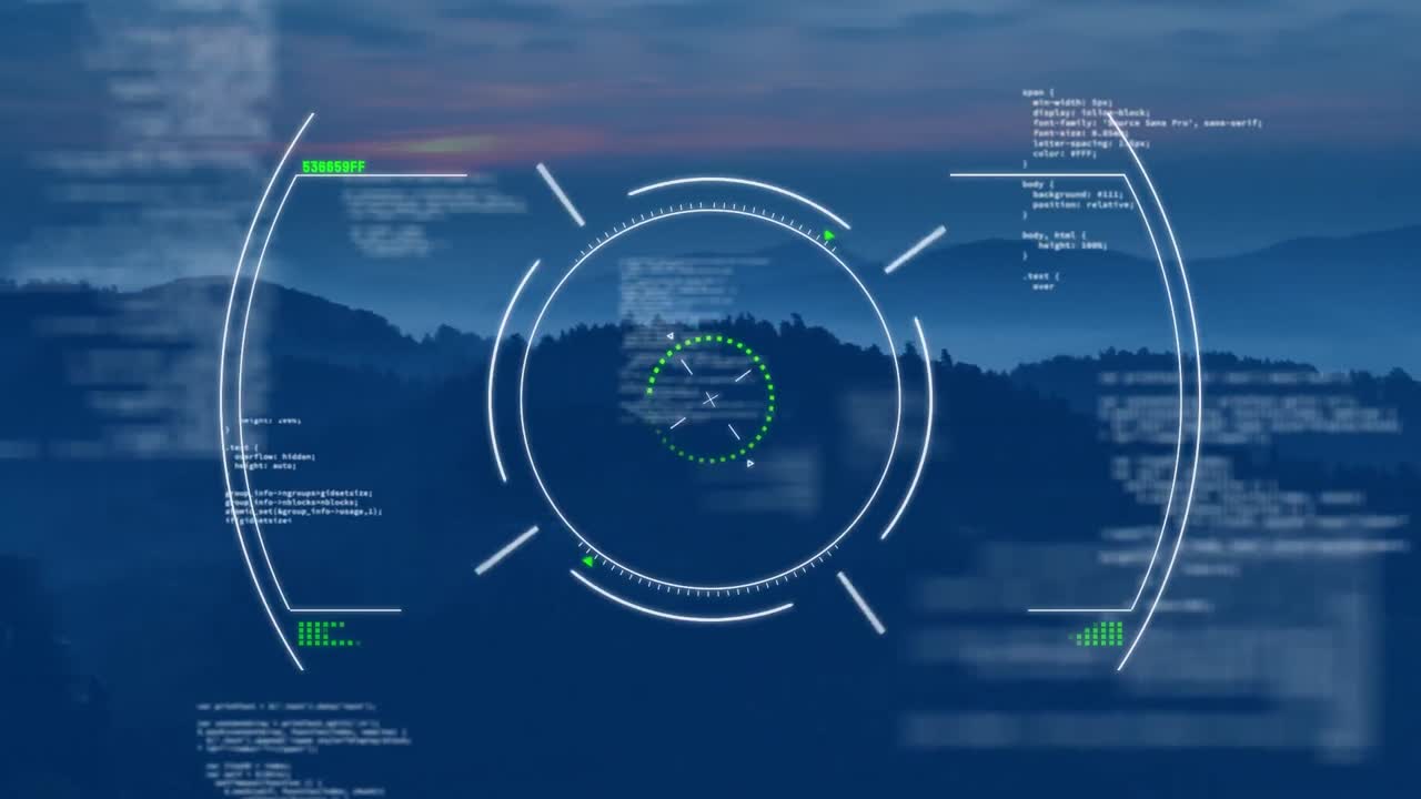 Animation of scape scanning over data processing against aerial view of mountains