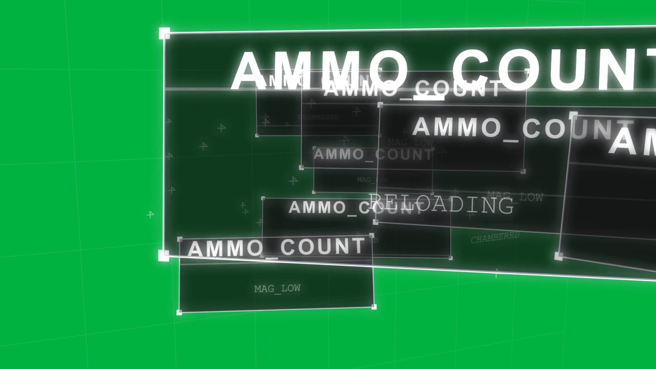 HUD-paneler for AMMO_COUNT skifter og glider efter at 'RELOADING' vises, signalerer genindlæsning på et gennemsigtigt gitter.