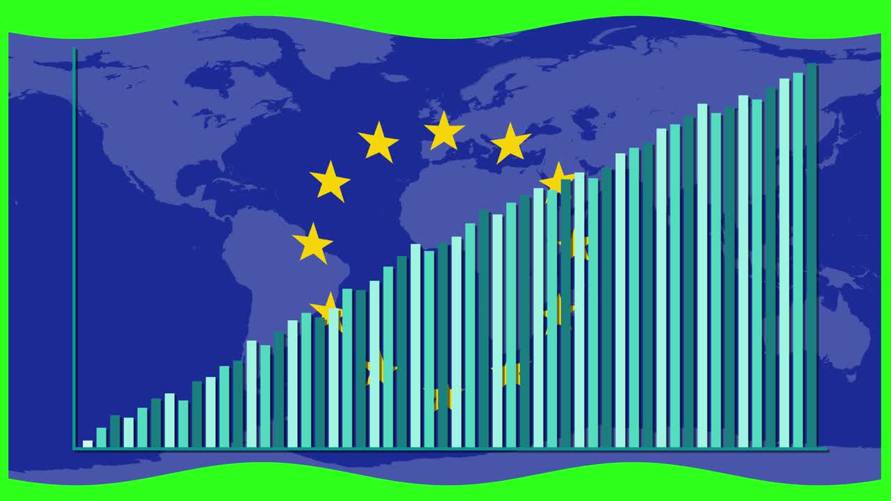 Rising bar graph animation overlays European Union flag and world map, with smooth upward transitions