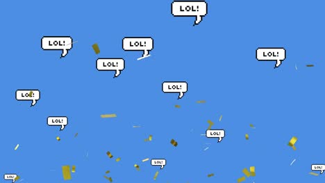 multiple speech bubbles with lol text and confetti falling against blue background