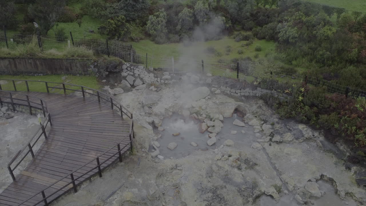 Aerial view of Furnas fumaroles releasing steam and gas in Sao Miguel Island, Azores, Portugal