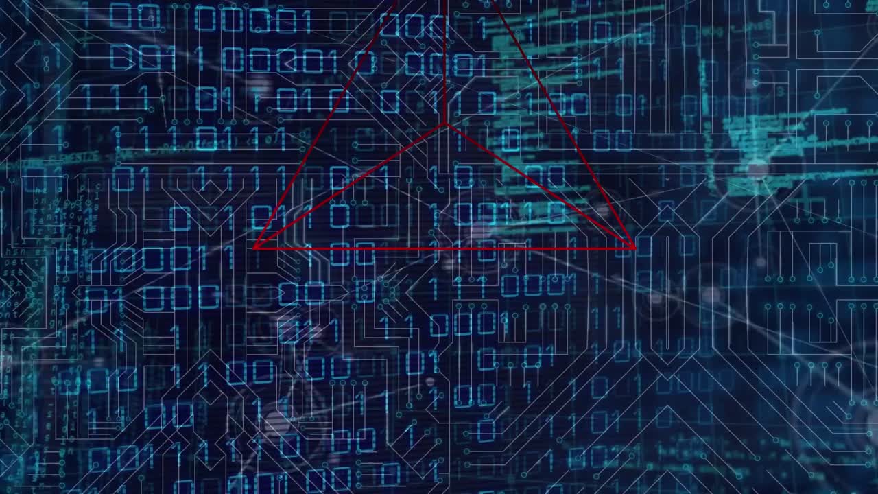 animación de formas geométricas, código binario y procesamiento de datos sobre fondo negro