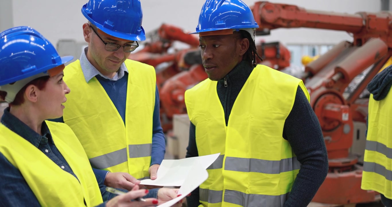 Industrial Engineers Reviewing Blueprints in Automated Factory