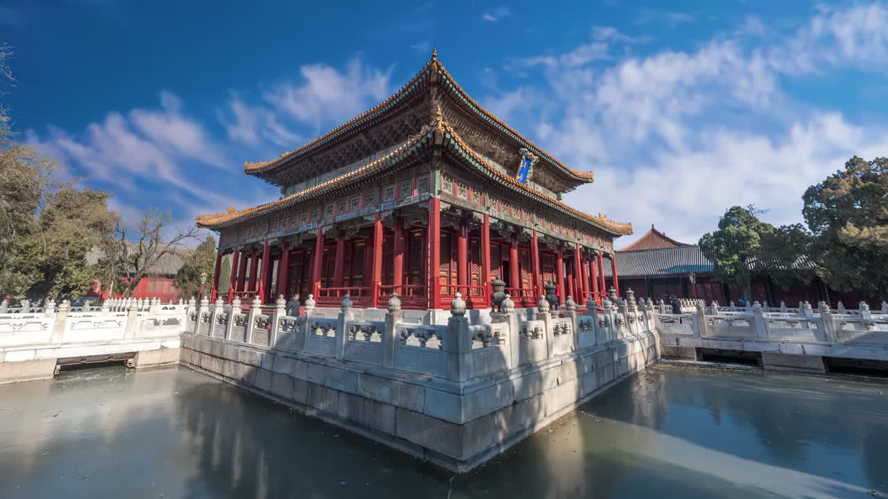 Clouds moving over Tourists visiting Imperial hall standing in summer day, Forbidden ancient buildings City, China. The Chinese on the plague is the name of the hall - Hall of Supreme Harmony