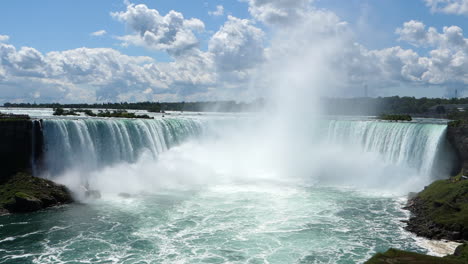 niagara falls with high mist in the middle on a sunny day with clouds, tripod wide shot, slow motion