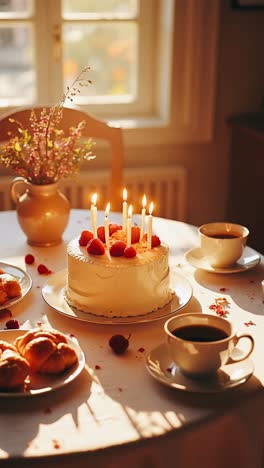 birthday cake with tea and croissants