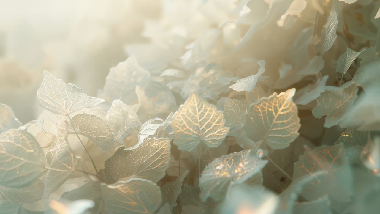 Sunlight filtering heart-shaped leaf cluster, shining veins, dew reflecting amber glow in garden