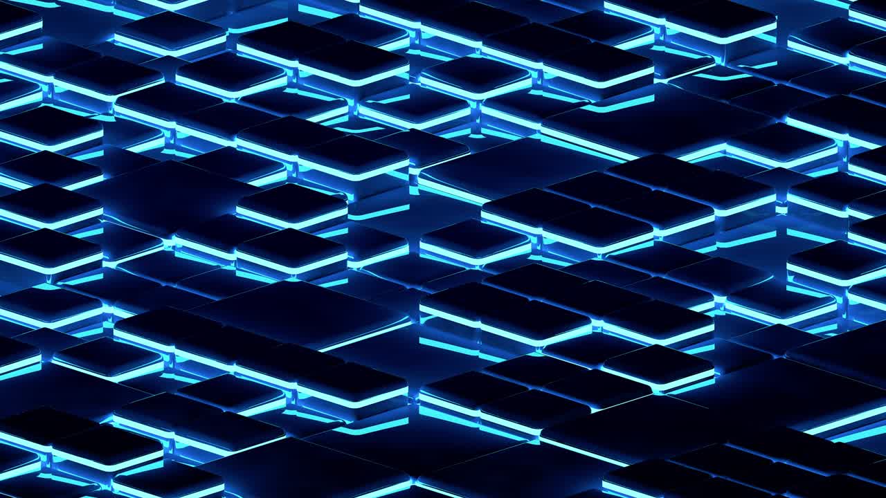 Looped animated background of many dark blue cubes with bright neon illumination