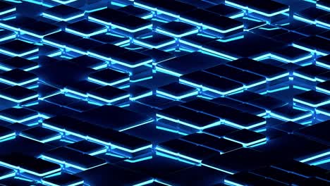 looped animated background of many dark blue cubes with bright neon illumination