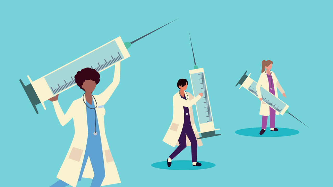 여성 의사 직원이 백신 주사기를 가지고 있습니다.