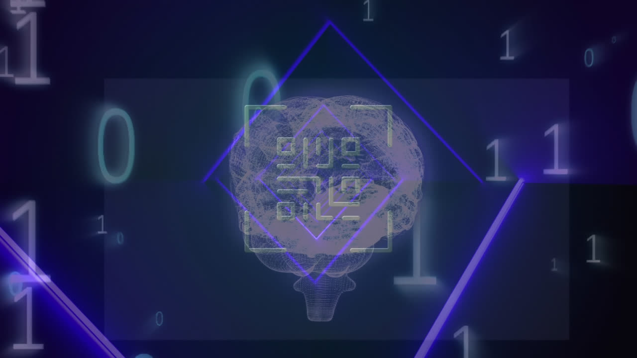 animación de código qr sobre código binario y cerebro humano