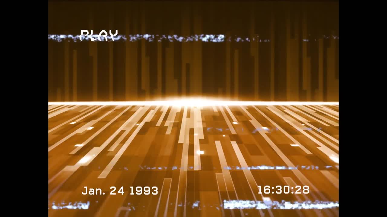 animación de la interfaz de reproducción con líneas de distorsión, sobre el suelo marrón en movimiento y la cascada