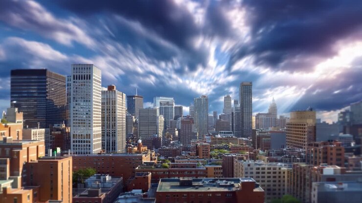 Splendido skyline urbano sotto un cielo nuvoloso spettacolare: una vista mozzafiato sull'architettura moderna e motivi di nuvole dinamiche su un vivace paesaggio urbano