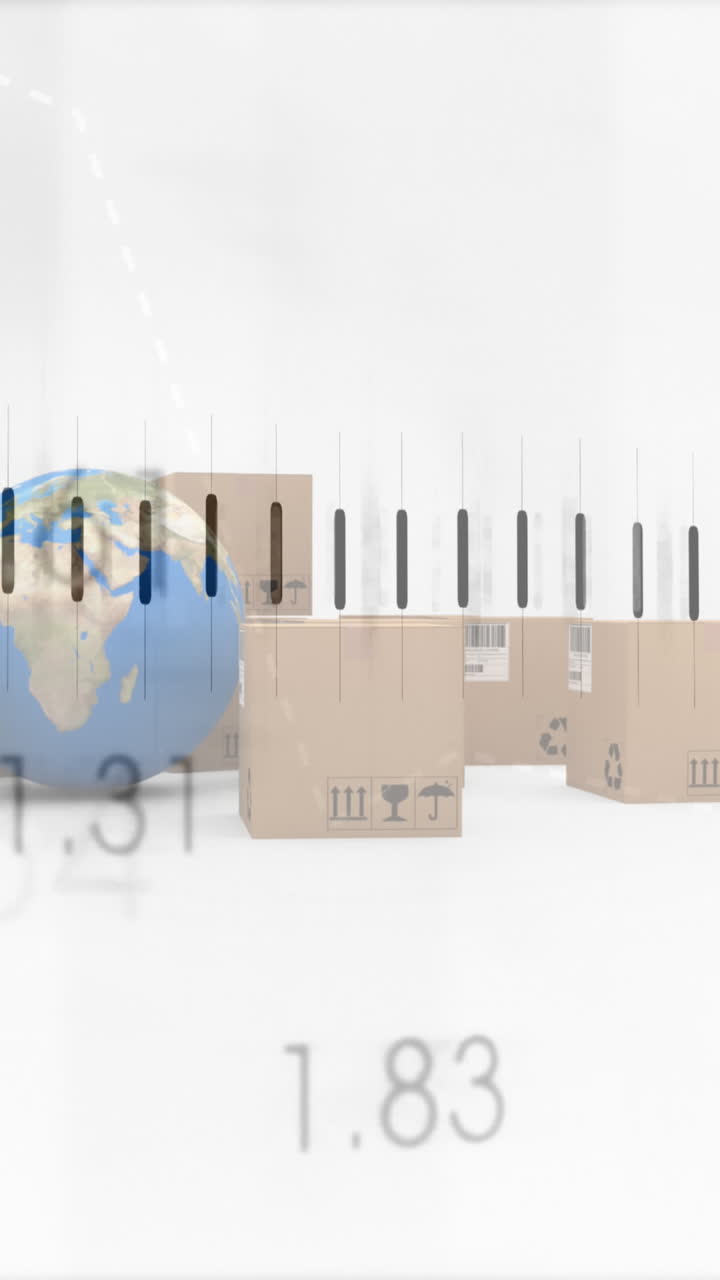 ⁇ 색 배경에 있는 지구와 카드보드 상자 위의 통계 처리의 애니메이션