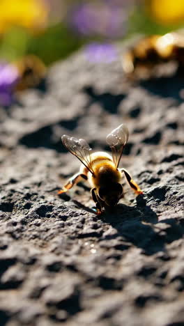 honeybee in flight over flowers
