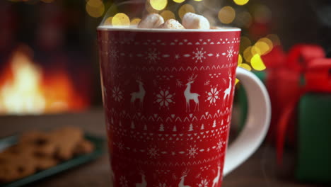 pouring chocolate sauce over marshmallows in a cocoa mug with a christmas reindeer pattern – slow motion