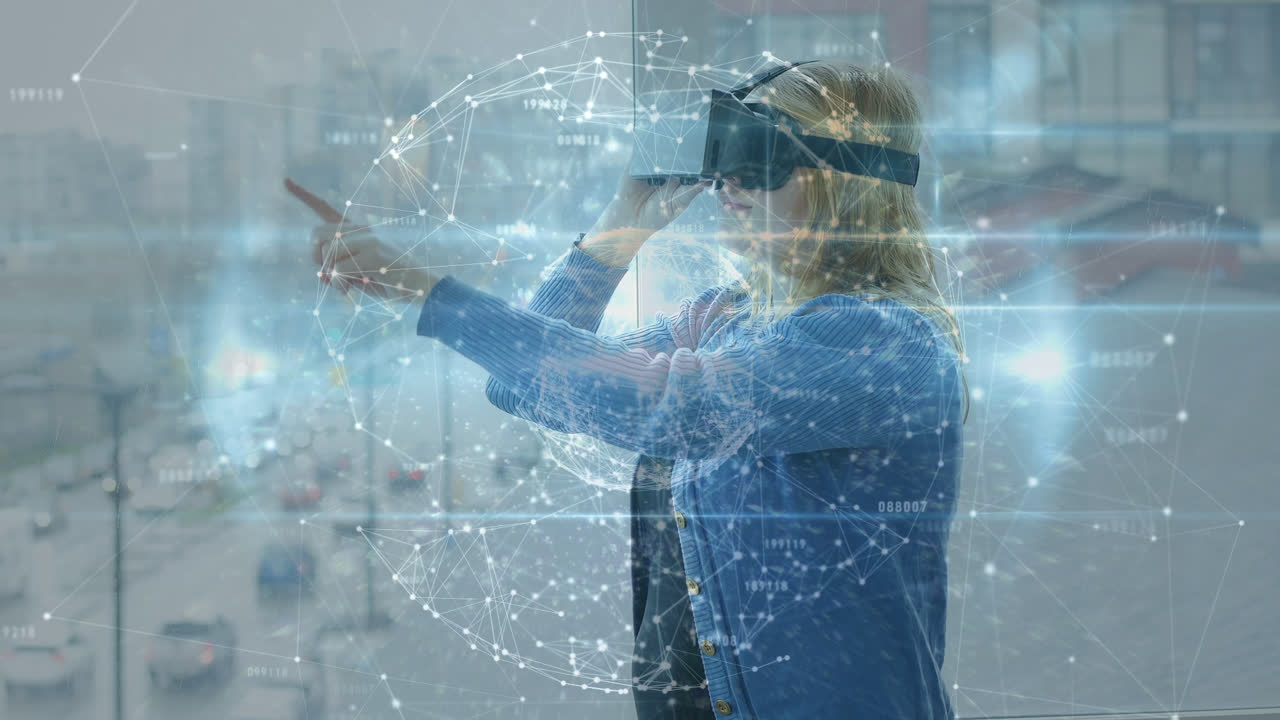 Animation of globe of connections over caucasian woman using vr headset