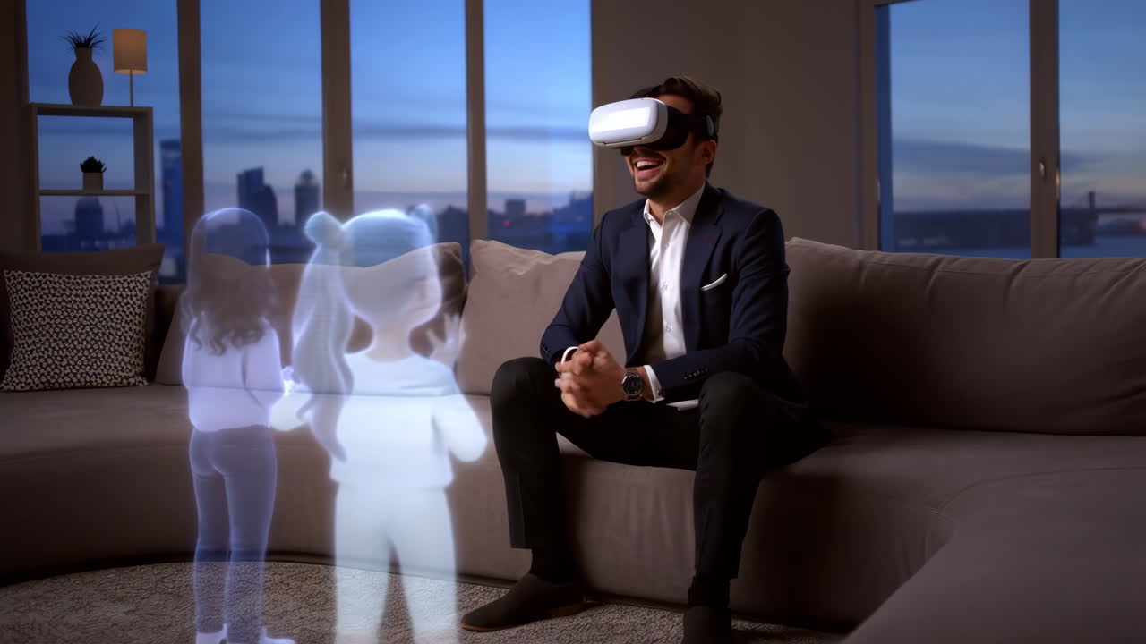 Uomo con visore VR e bambini olografici