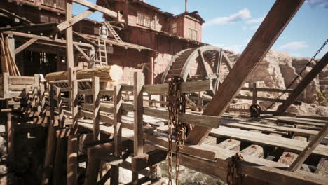 old western lumber mill with wooden bridge