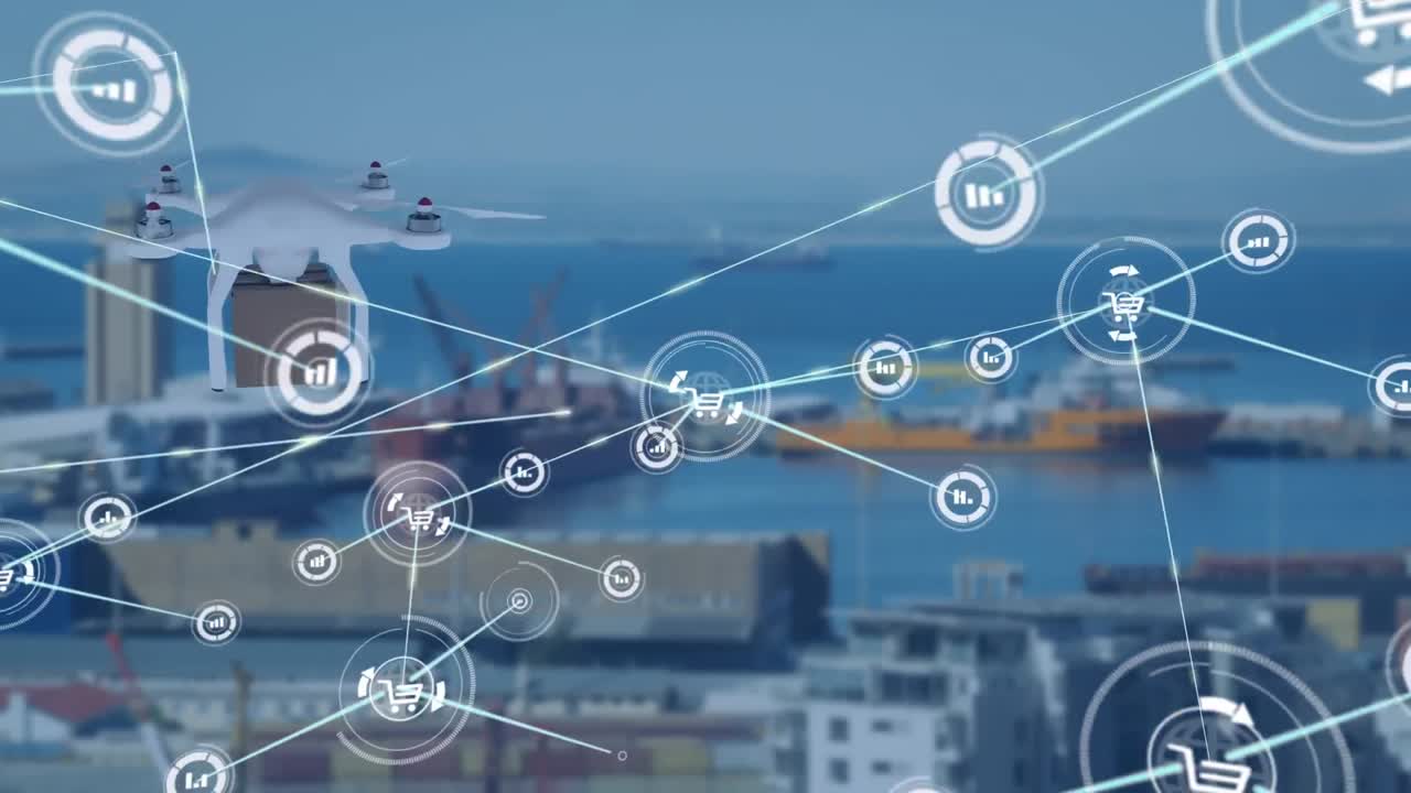 드론을 통한 연결 네트워크의 애니메이션과 항구를 통한 패 ⁇
