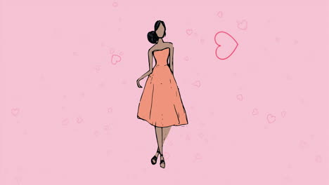 animación de iconos de corazones y modelo en fondo rosa