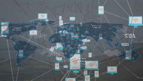 Animation-of-network-of-connections-with-icons-over-world-map