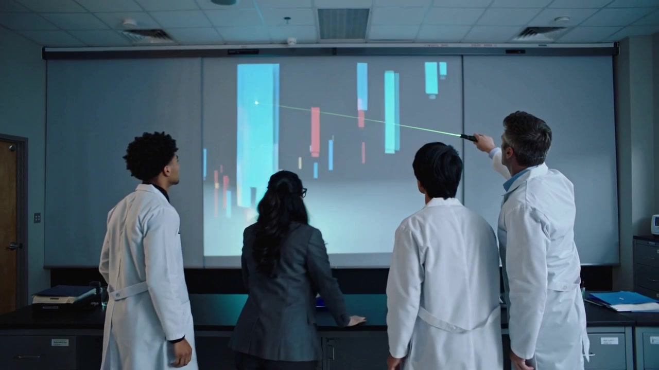 Pointing researcher using laser at lab screen showing bar chart, team in lab coats stepping back