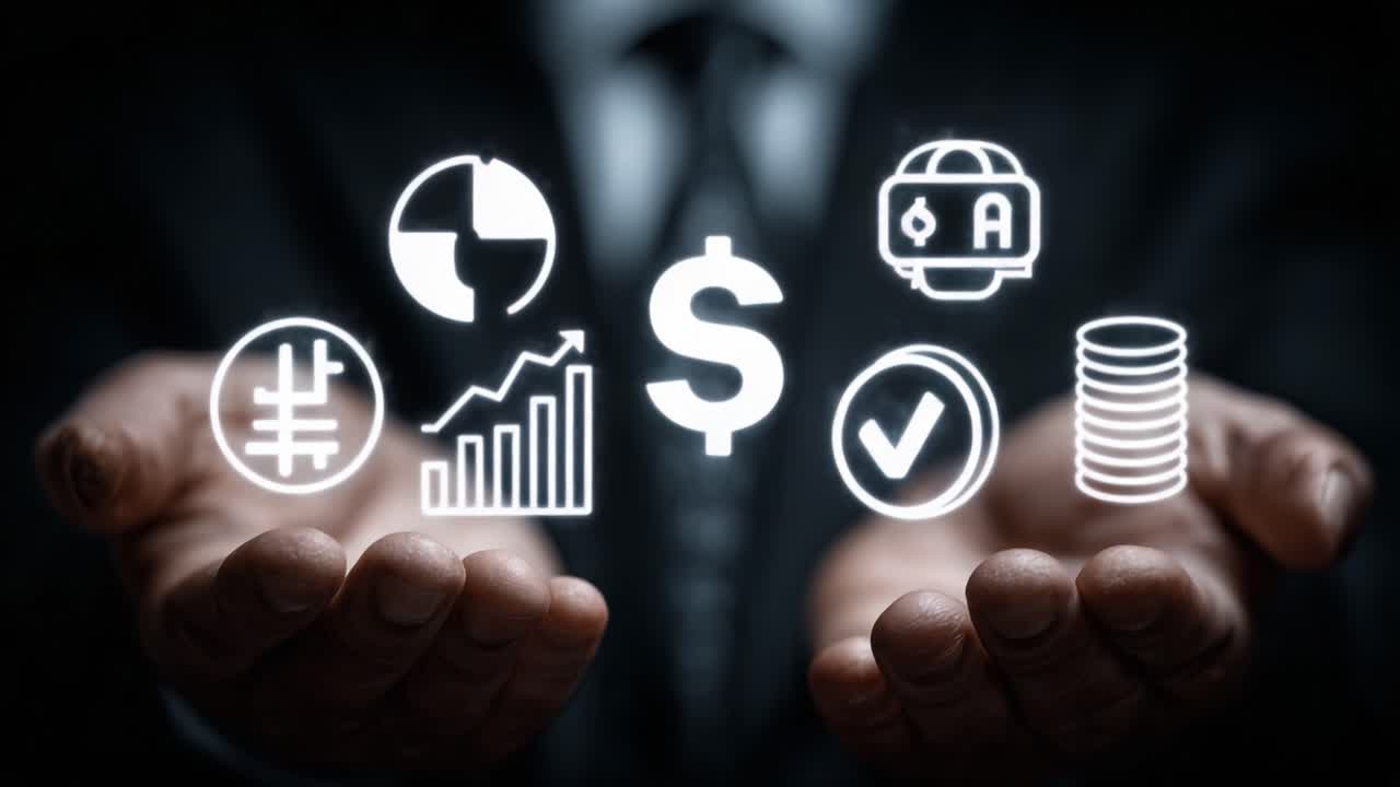 Exploring Financial Insights: A Business Professional Analyzing Economic Trends with Data Visualization and Digital Currency Symbols in a Dynamic Presentation