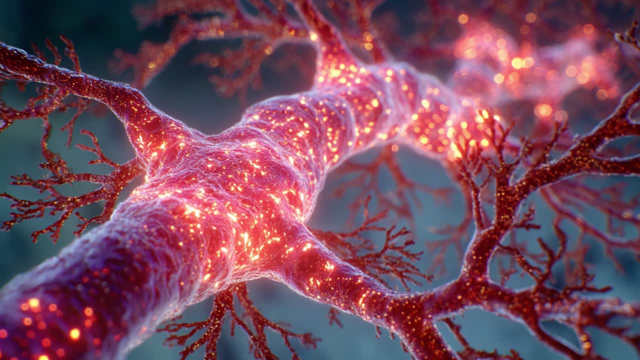 Detailed Visualization of a Neural Structure with Illuminated Synapses and Branching Neurons, Depicting the Complexity of Nervous System Functionality