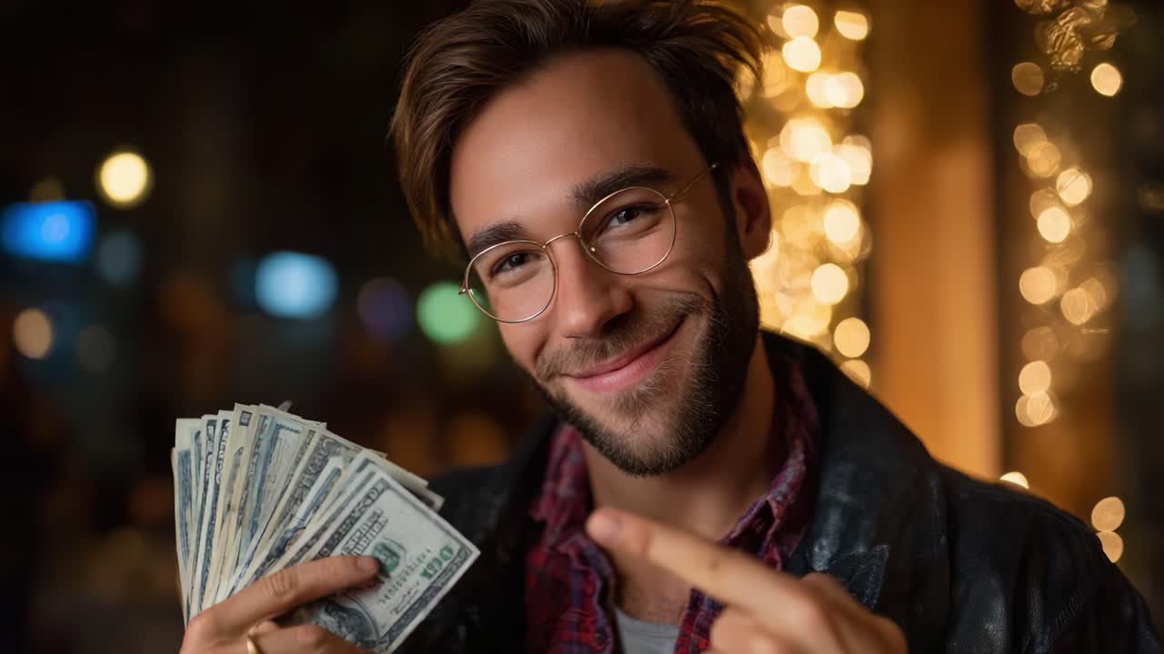 Giovane uomo sorridente che tiene in mano dei contanti e indica eccitato, circondato da luci scintillanti in un'atmosfera accogliente, catturando un gioioso momento di successo e felicità