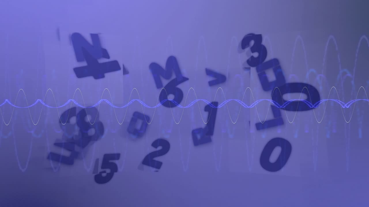 digit-symbol cluster emerging from center drifting along sine wave looping to illustrate data flow
