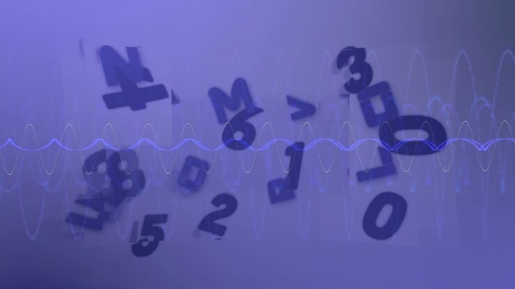 digit-symbol cluster emerging from center drifting along sine wave looping to illustrate data flow