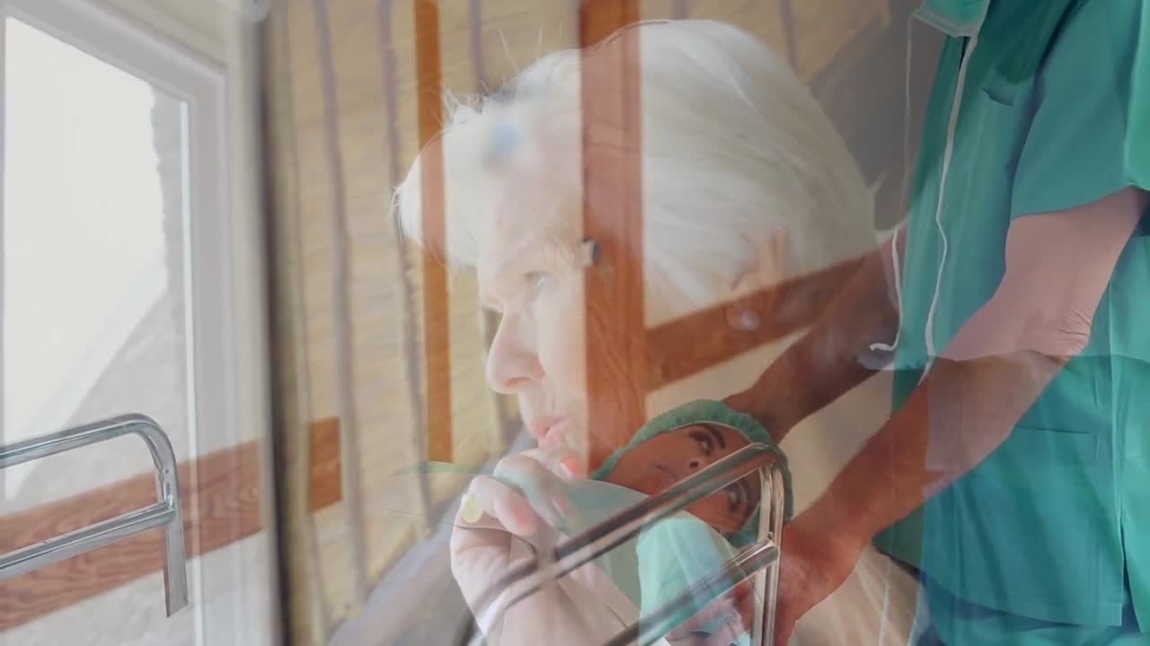 병원에서 보호 마스크를 착용한 의사들을 상대로 한 고위 관리자의 애니메이션. 코로나19 확산