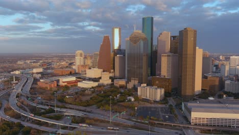 4k drone view of downtown houston cityscape on a beautiful day