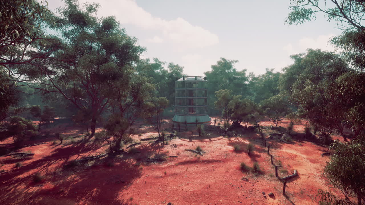 빨간 사막 숲 에 버려진 원형 탑
