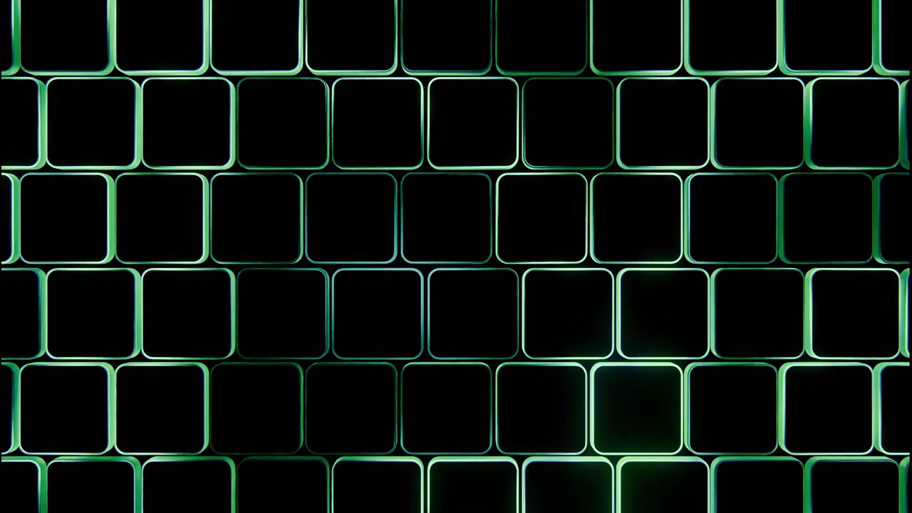 Frontal close-up of staggered grid composed of rounded square hollow tubes with glossy dark surfaces, vivid neon rim lighting, deep black interior, strong contrast, modular abstract structure